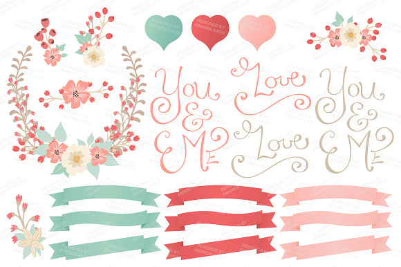 Mint & Coral Floral Heart & Banners in Illustrations - product preview 3