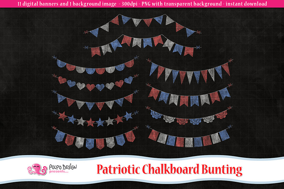 Patriotic Chalkboard Bunting Banners in Objects - product preview 8