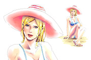 girl in bikini, hat and sunglasses