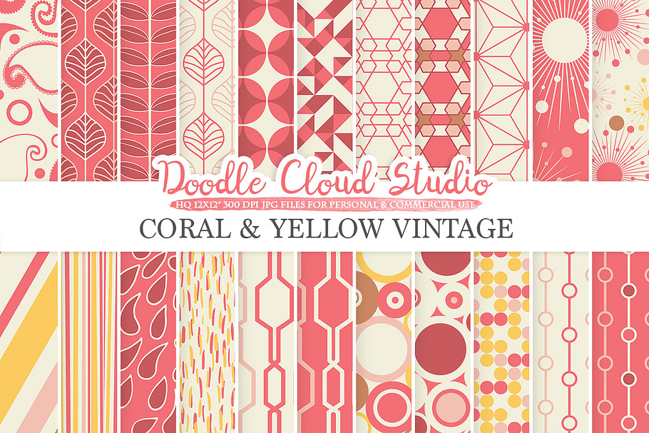 Coral and Yellow Retro digital paper