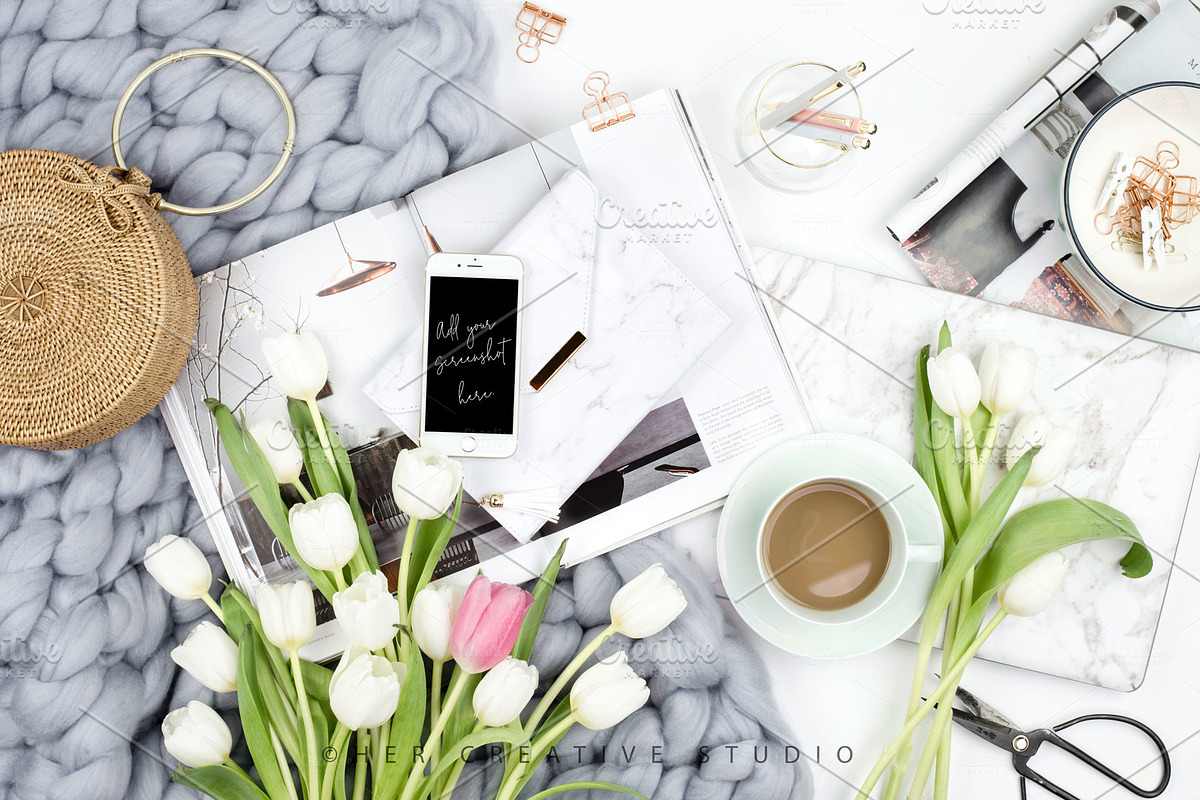 Styled Stock Image, Tulip Flatlay in Mobile & Web Mockups - product preview 8