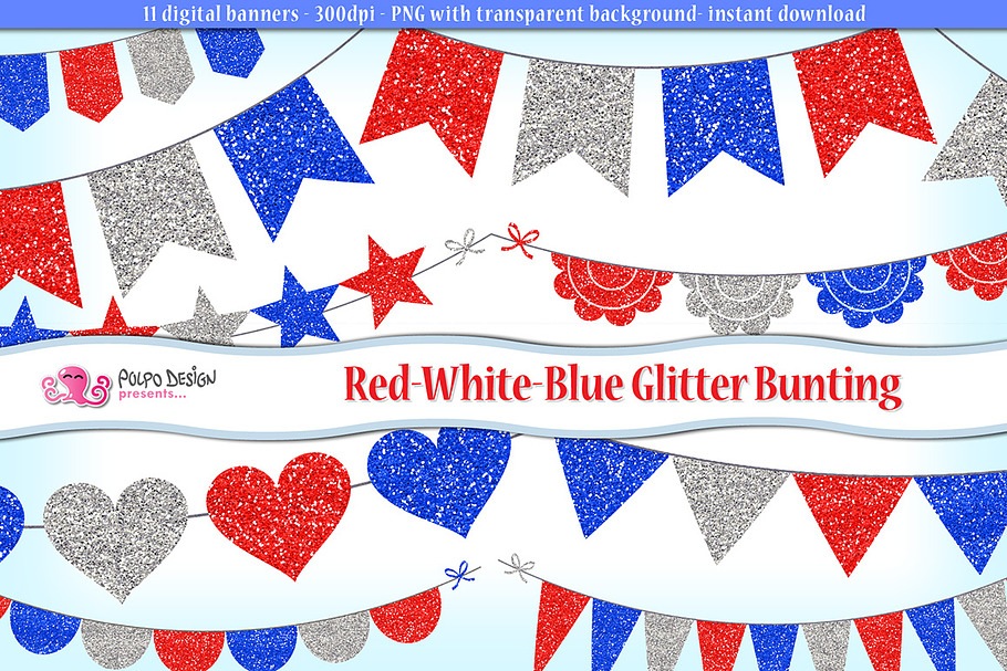Red White and Blue Glitter Bunting in Objects - product preview 8