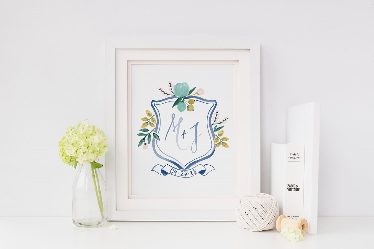 Blue Floral Watercolor Crest in Illustrations - product preview 8