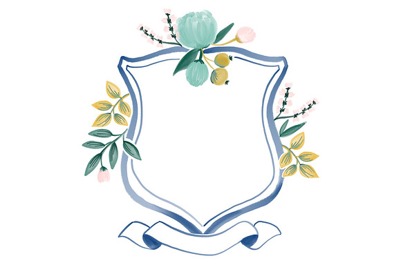 Blue Floral Watercolor Crest in Illustrations - product preview 1