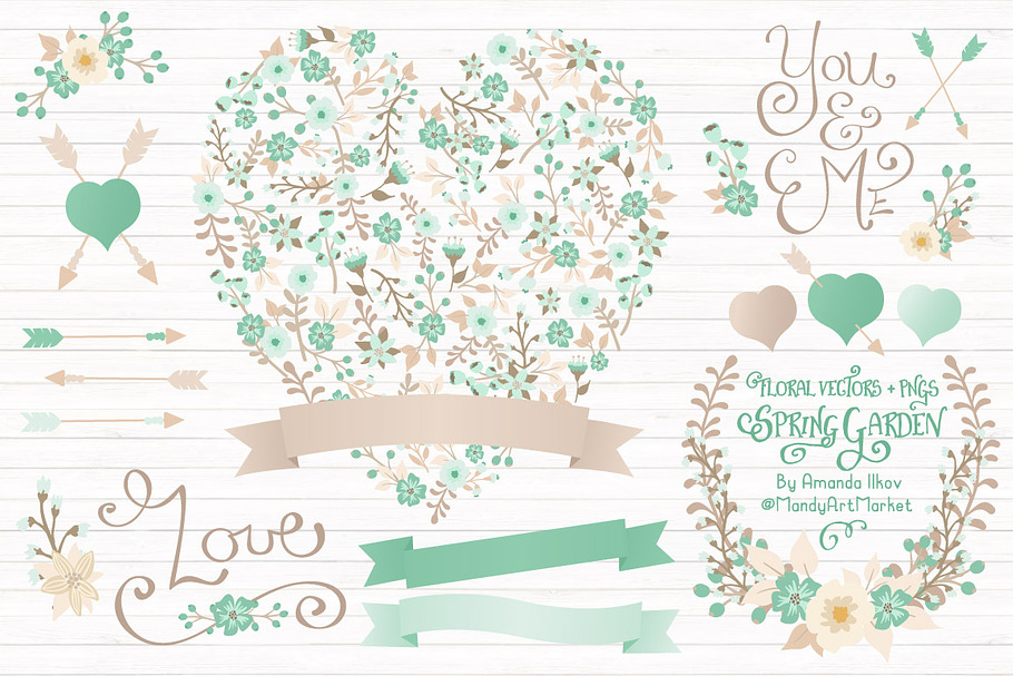 Mint Floral Heart & Banner Vectors in Illustrations - product preview 8