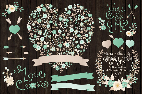 Mint Floral Heart & Banner Vectors in Illustrations - product preview 1