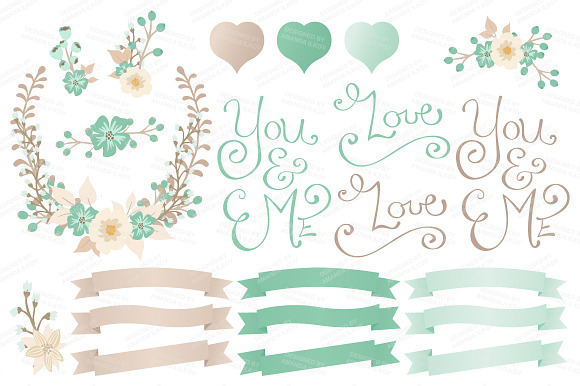 Mint Floral Heart & Banner Vectors in Illustrations - product preview 3