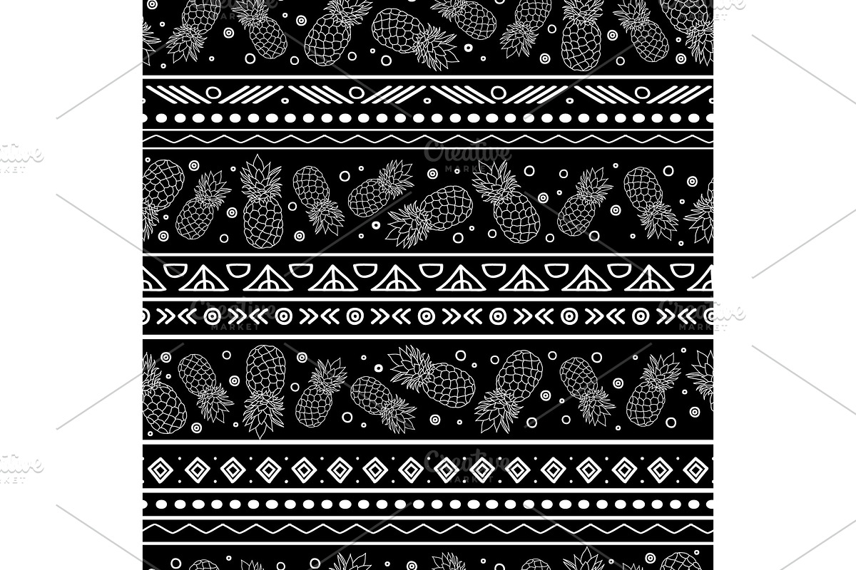 Vector black and white tribal pineapples stripes seamless pattern background. Great for fabric, wallpaper, invitations, scrapbooking. in Textures - product preview 8