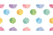 Vector Cute Pastel Colorful Birthday Party Paper Pom Poms Set Horizontal Seamless Repeat Border Pattern. Great for handmade cards, invitations, wallpaper, packaging, nursery designs.