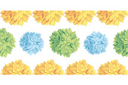 Vector Cute Pastel Yellow, Blue, Green Birthday Party Paper Pom Poms Set Horizontal Seamless Repeat Border Pattern. Great for handmade cards, invitations, wallpaper, packaging, nursery designs.