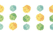 Vector Cute Yellow Green Birthday Party Paper Pom Poms Set Horizontal Seamless Repeat Border Pattern. Great for handmade cards, invitations, wallpaper, packaging, nursery designs.