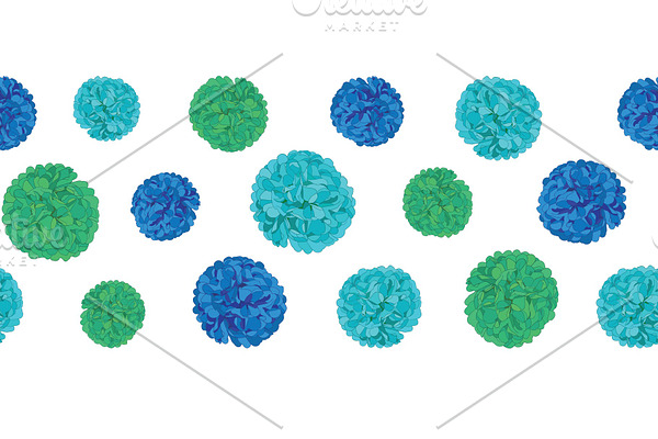 Vector Blue Birthday Party Paper Pom Poms Set Horizontal Seamless Repeat Border Pattern. Great for handmade cards, invitations, wallpaper, packaging, nursery designs.