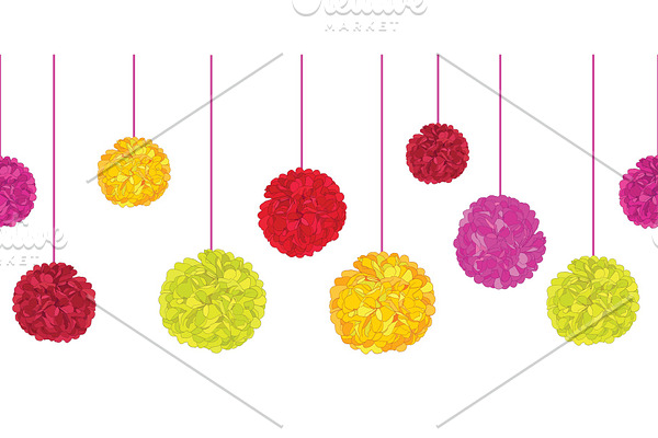 Vector Fun Colorful Birthday Party Paper Pom Poms Set On Strings Horizontal Seamless Repeat Border Pattern. Great for handmade cards, invitations, wallpaper, packaging, nursery designs.