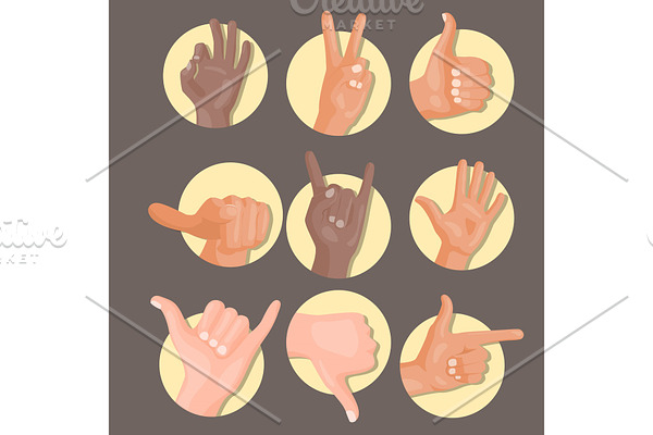 Hands deaf-mute different gestures human arm people communication message vector illustration.