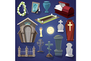 Graveyard vector scary cemetery and halloween horror in night illustration set of spooky grave or tomb and tombstone isolated on background