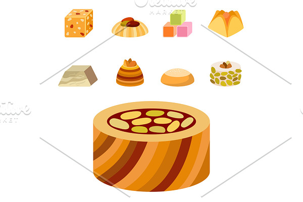 East delicious dessert sweets food eastern confectionery homemade assortment vector illustration cake tasty bakery assortment.