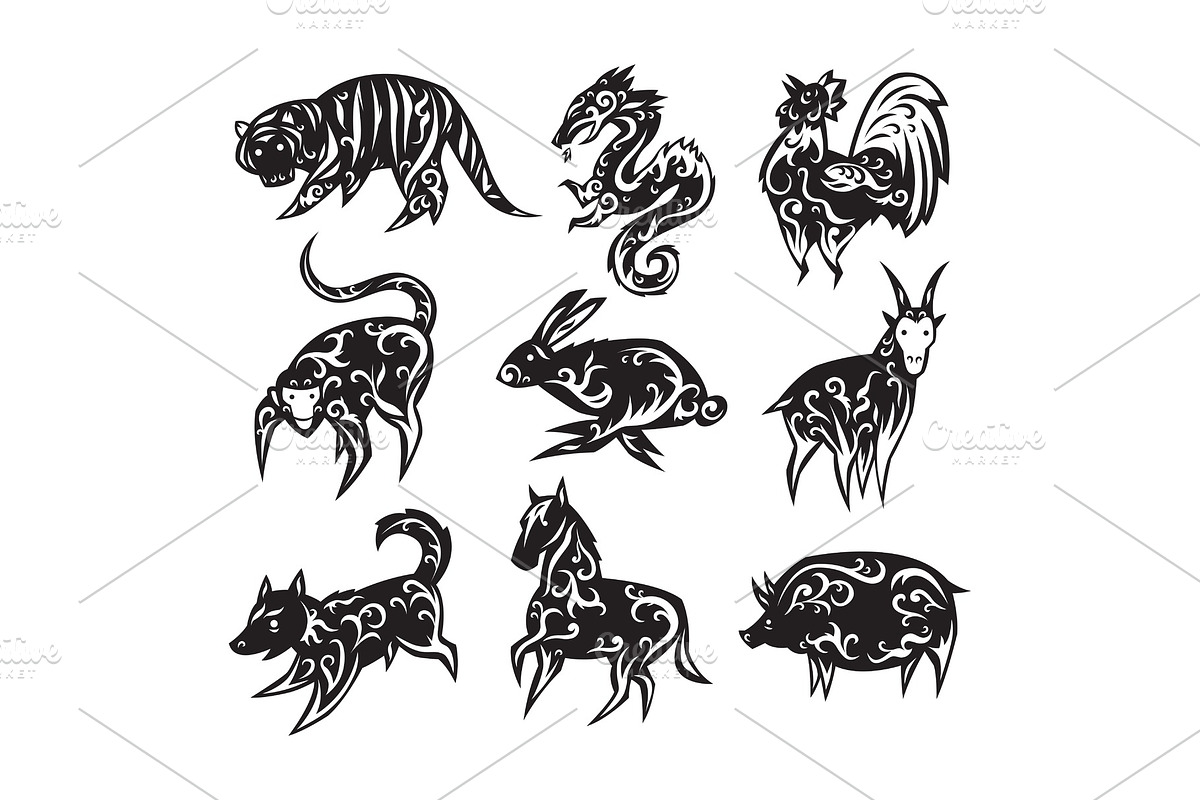 Chinese zodiac eastern calendar traditional china new year oriental animal symbols vector illustrations. in Objects - product preview 8