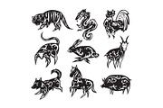 Chinese zodiac eastern calendar traditional china new year oriental animal symbols vector illustrations.