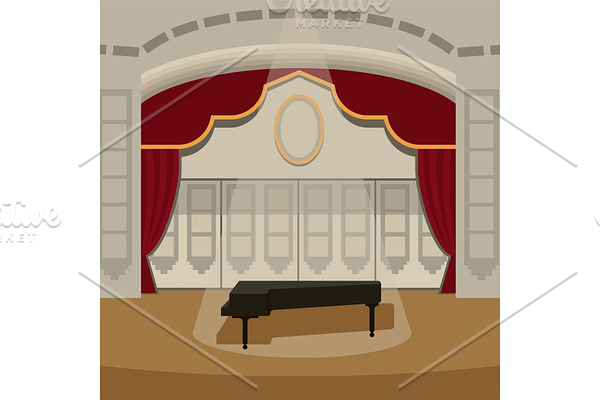 Theater stage with curtains entertainment spotlights theatrical scene interior old opera performance background vector illustration.
