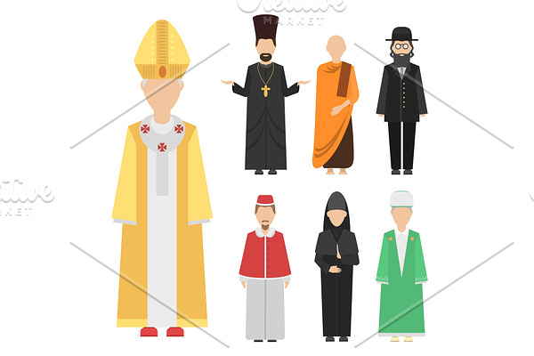 Religion people characters vector group of different nationalities human wearing traditional clothes