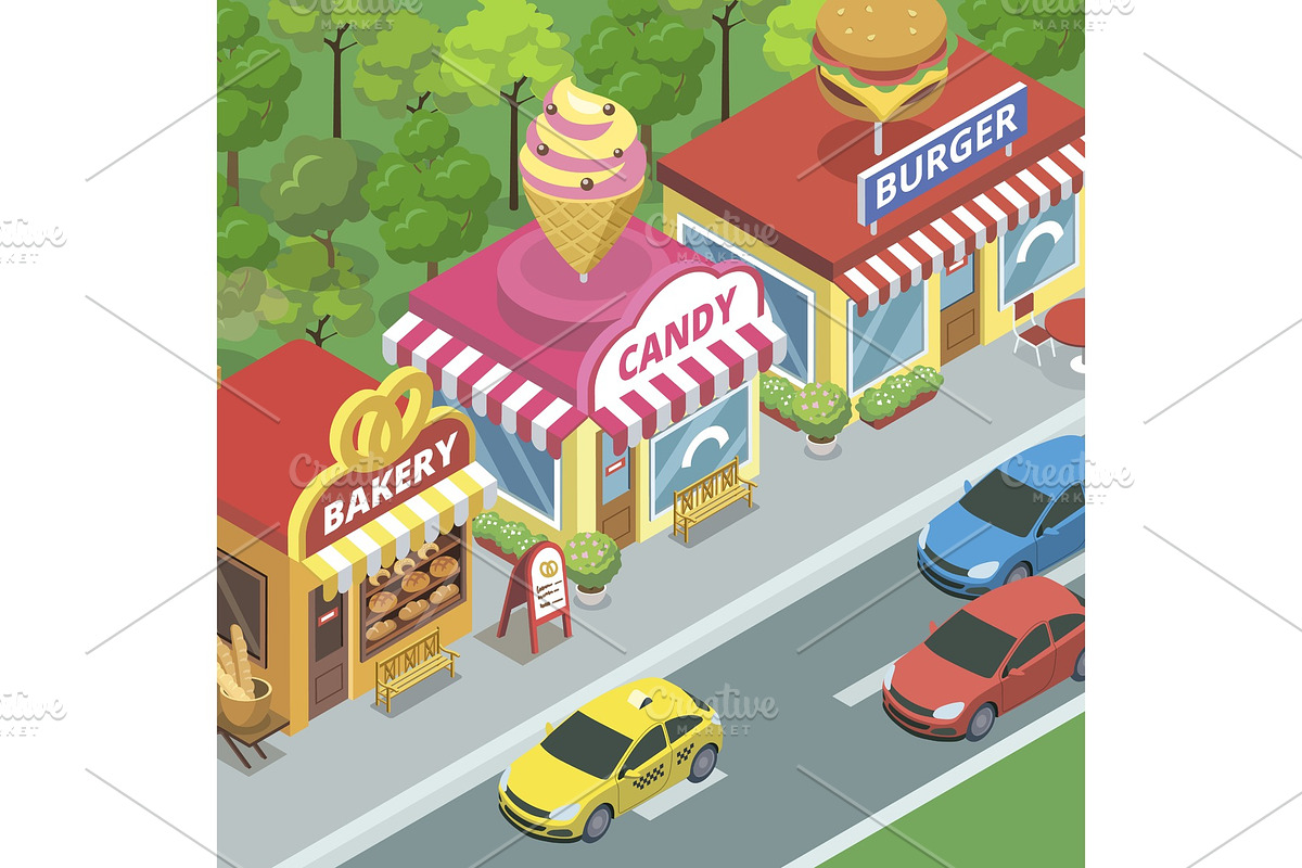 Street with food shops in Illustrations - product preview 8