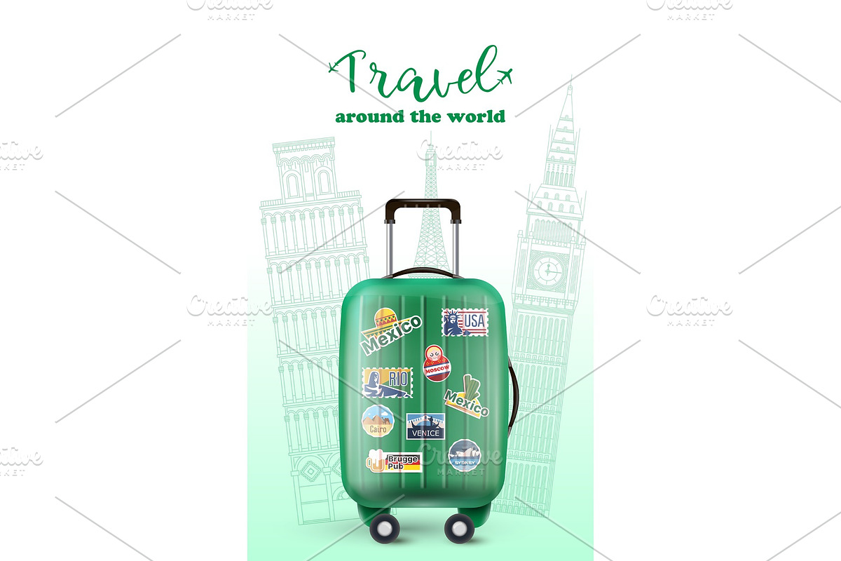 Colorful green luggage in travel banner in Objects - product preview 8