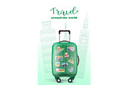 Colorful green luggage in travel banner