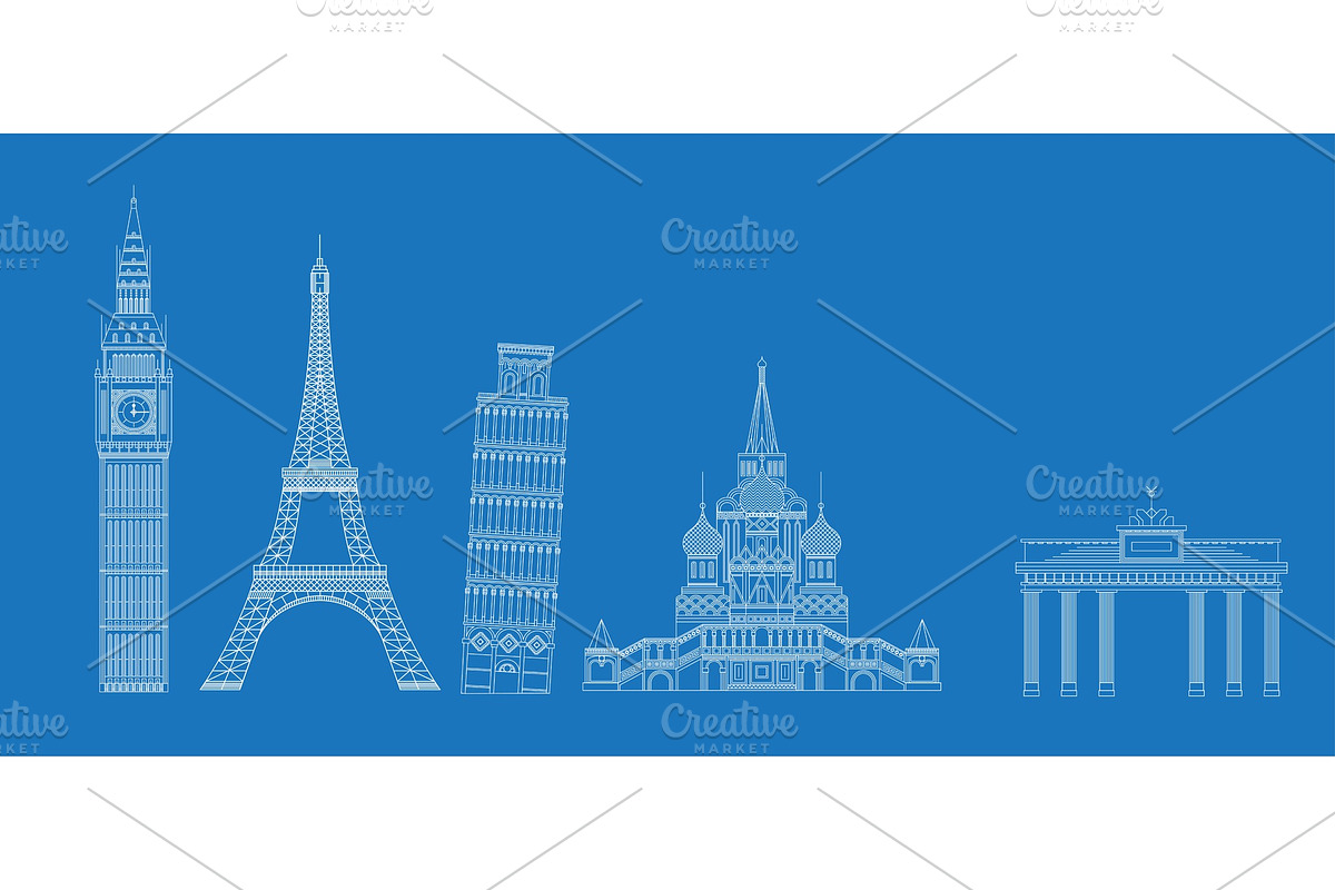 White landmarks sketch on blue in Illustrations - product preview 8