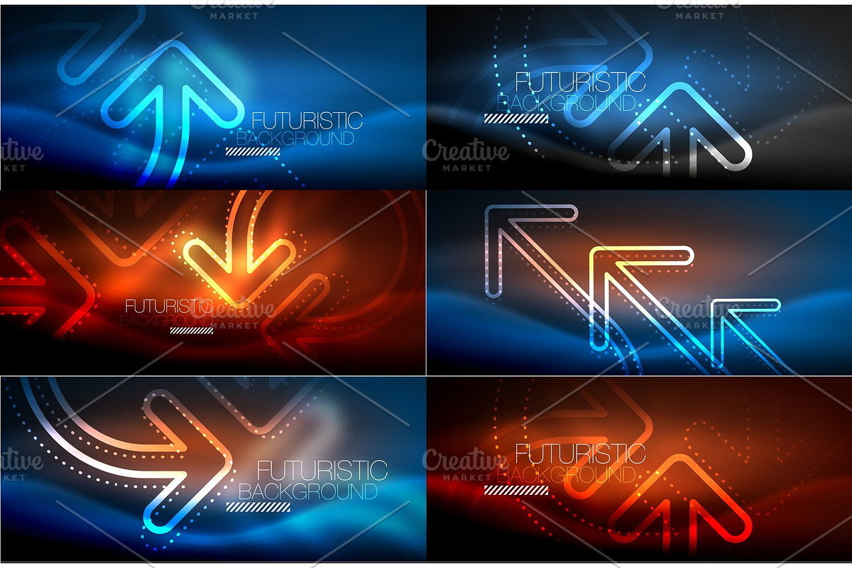 Set of technology connection and communication concept, glowing neon arrow symbol, linear shiny design in dark magic space in Textures - product preview 8