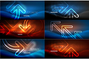 Set of technology connection and communication concept, glowing neon arrow symbol, linear shiny design in dark magic space