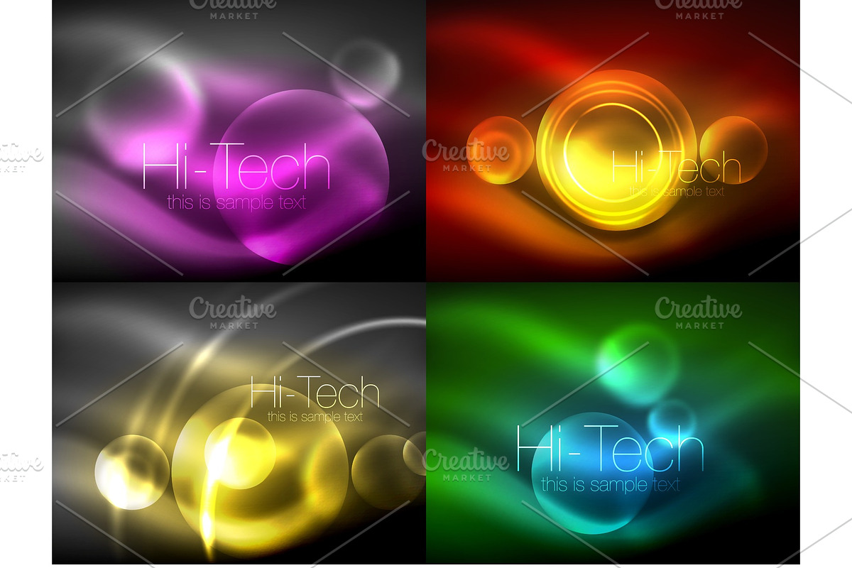 Set of blurred neon glowing circles, hi-tech modern bubble templates, techno glowing glass round shapes or spheres. Geometric abstract backgrounds in Textures - product preview 8