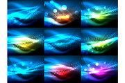 Set of neon wave backgrounds with light effects, curvy lines with glittering and shiny dots, glowing colors in darkness, vector magic illustrations