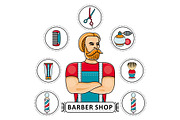 Hand-drawn barbershop set with barber and tools