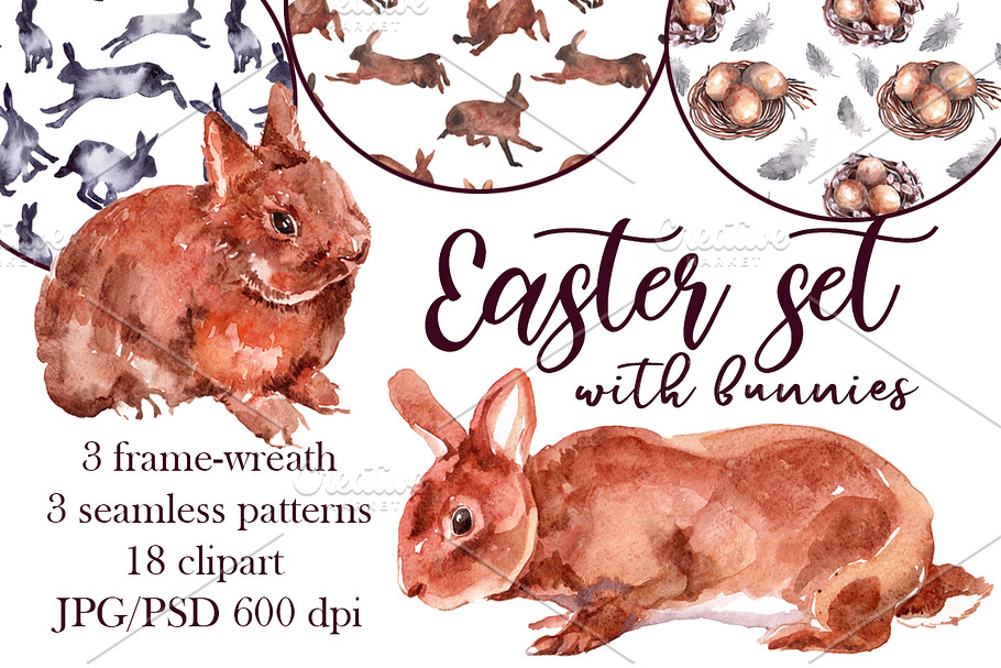 Watercolor Easter set with bunnies in Textures - product preview 8
