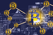 Blockchain & bitcoin on city view