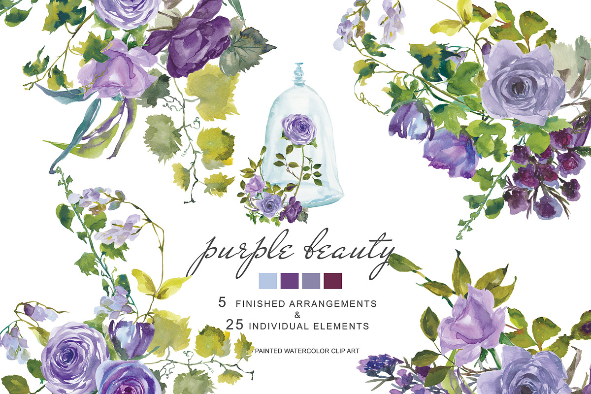 Watercolor Purple Roses Clipart in Illustrations - product preview 8