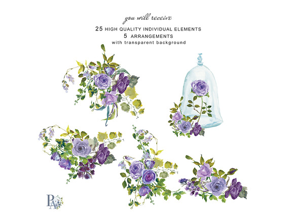 Watercolor Purple Roses Clipart in Illustrations - product preview 3