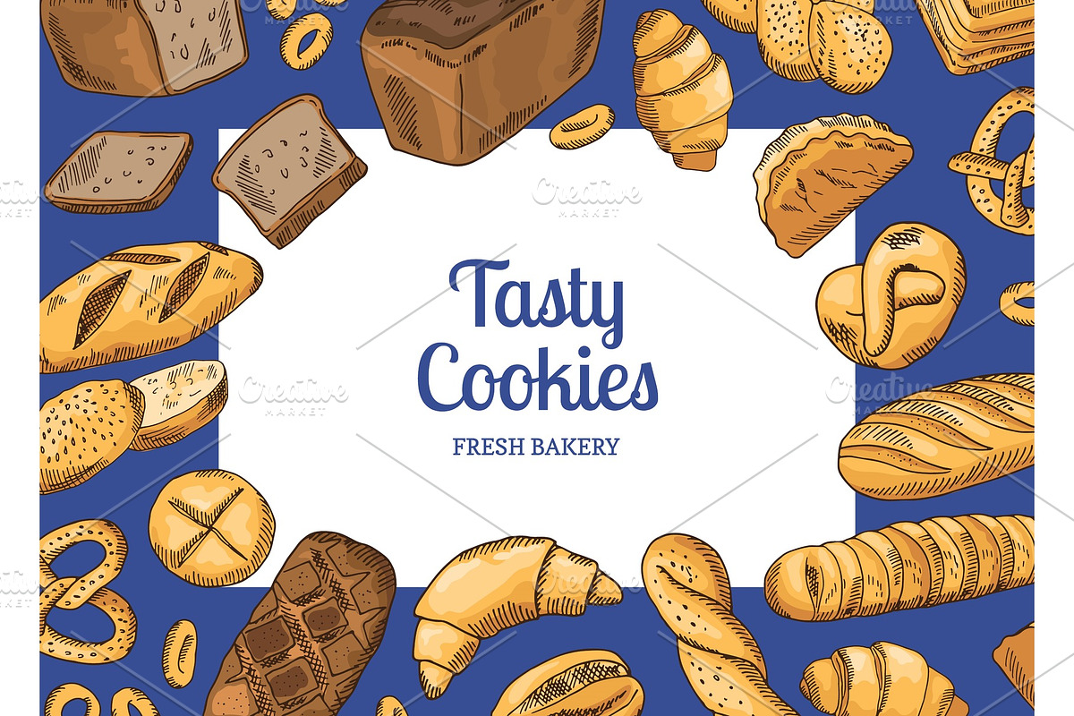Vector hand drawn colored bakery elements backgroundwith white rectangle under with place for text in Graphics - product preview 8