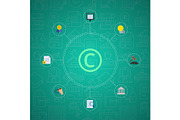 Vector flat style copyright elements infographic on gradient background with linear copyright icons