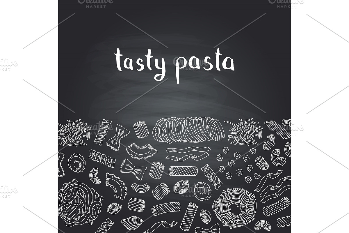 Vector hand drawn contoured pasta types on chalkboard background with lettering in Graphics - product preview 8