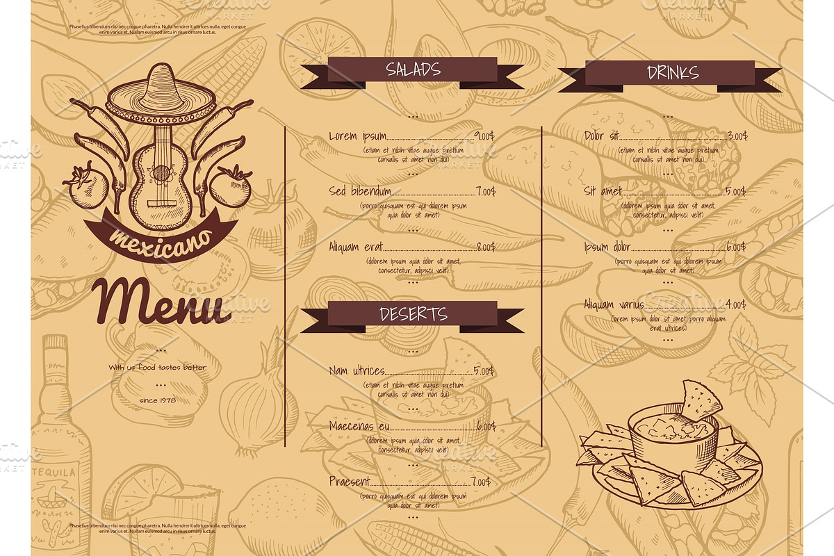 Vector horizontal restaurant or cafe template with sketched mexican food elements in Graphics - product preview 8