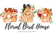 Floral Bird House Watercolor Clipart
