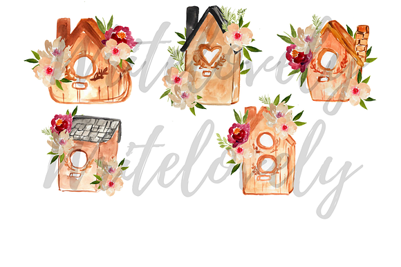 Floral Bird House Watercolor Clipart in Illustrations - product preview 1
