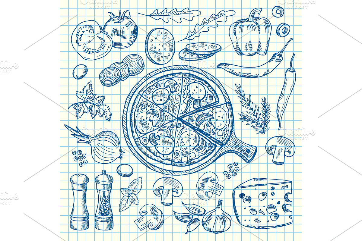 Vector sketched contoured italian pizza ingridients on notebook cell sheet in Graphics - product preview 8