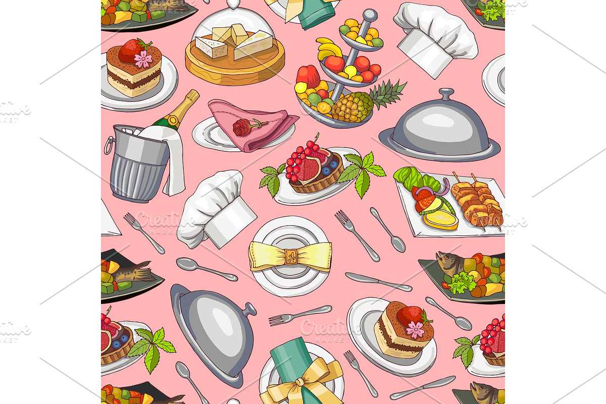 Vector hand drawn restaurant or room service elements pattern or background in Graphics - product preview 8