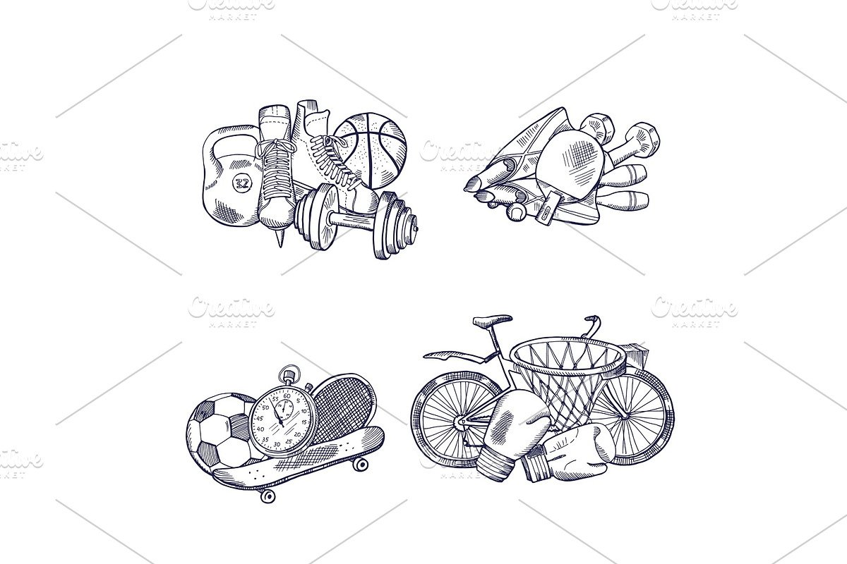 Vector hand drawn sports equipment piles set in Graphics - product preview 8