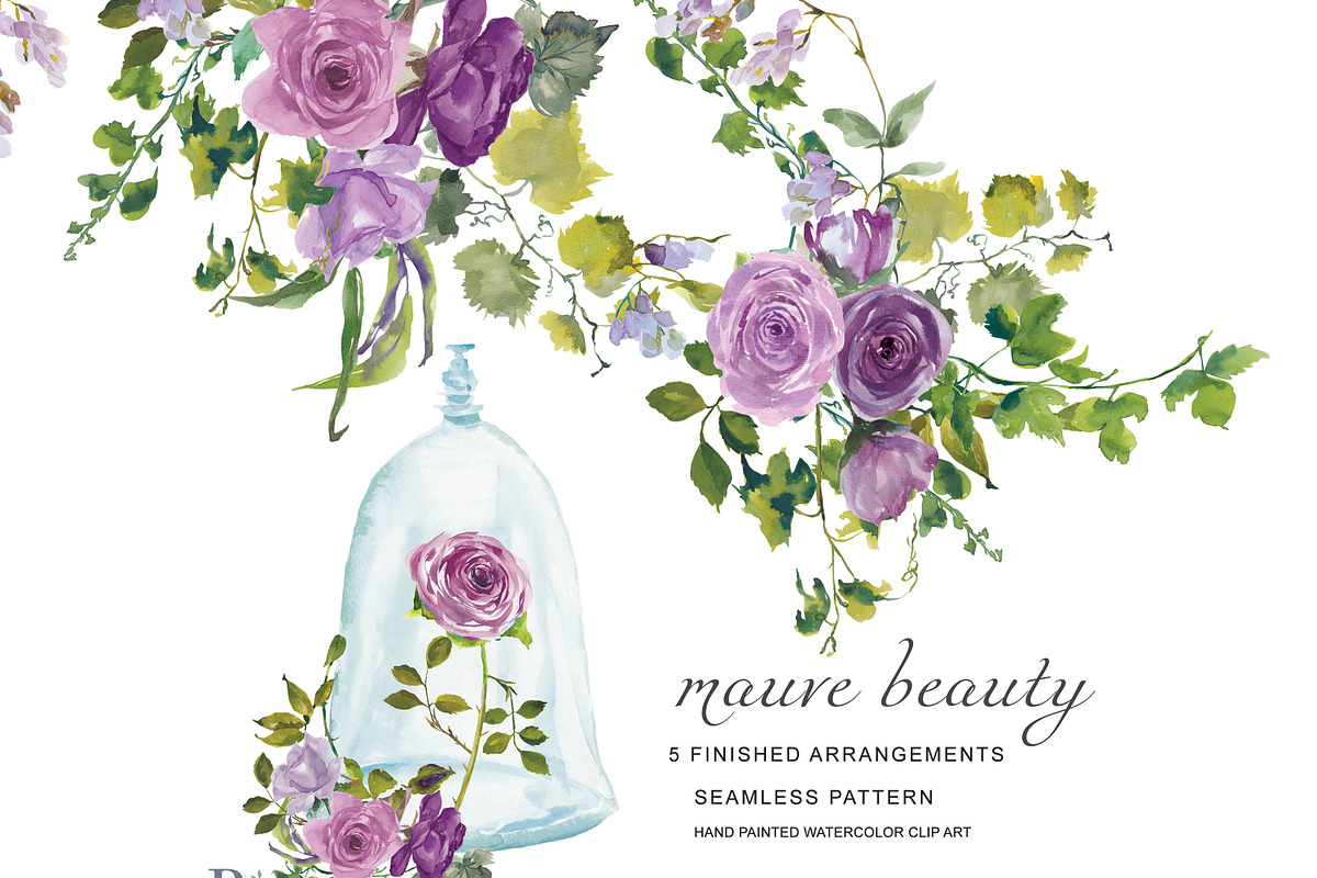 Watercolor Mauve Roses Clipart in Illustrations - product preview 8