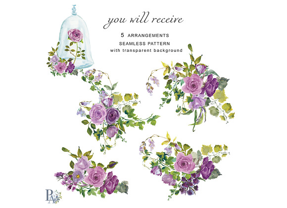 Watercolor Mauve Roses Clipart in Illustrations - product preview 1