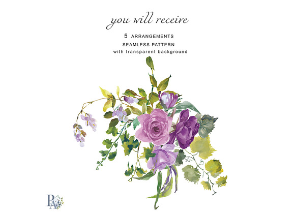 Watercolor Mauve Roses Clipart in Illustrations - product preview 3