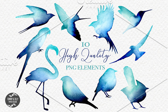 Bird Silhouettes Watercolour Clipart in Illustrations - product preview 1
